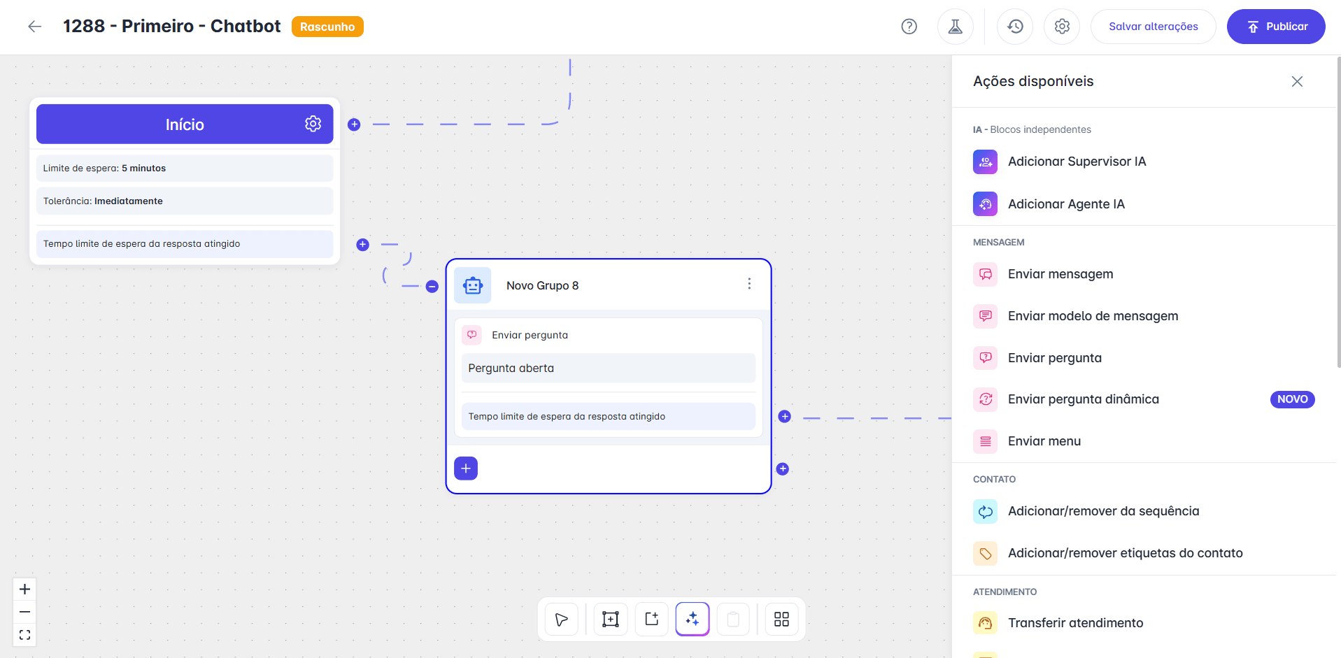 Construtor visual de fluxos de chatbot da BLU, com blocos conectados por setas