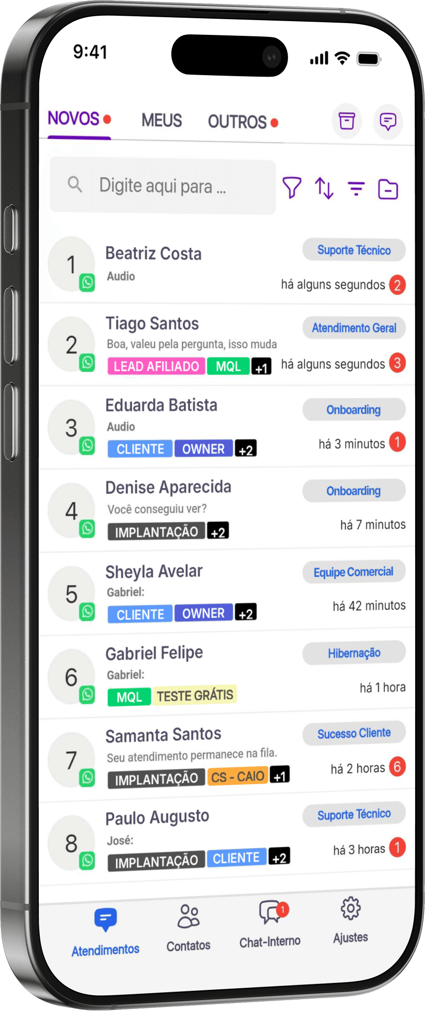 Aplicativo da BLU em um celular, mostrando a lista de atendimentos