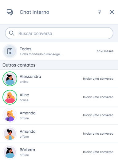 Chat interno da BLU, com lista de colegas de equipe disponíveis